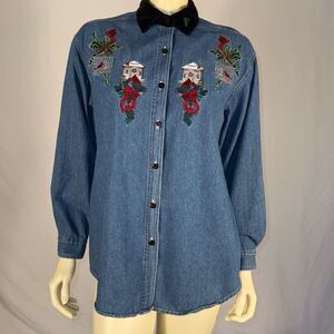 Vintage Bobbie Brooks Denim Velvet Embroidered Birds Red Cardinal Button Down Sh